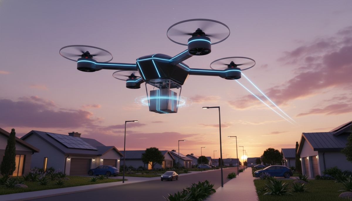 A sleek, futuristic autonomous delivery drone carrying a parcel flying over a suburban residential area, high-tech, cinematic lighting, photorealistic style