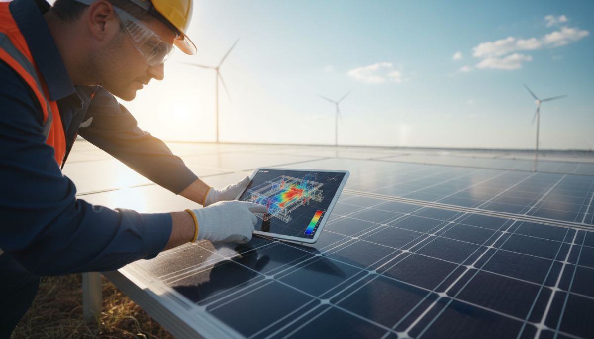 Close-up professional shot of solar panels being inspected by an engineer with a tablet, showing 3D structural analysis on screen, sunny day, clean energy concept.